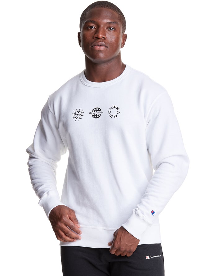 Champion Powerblend Fleece Crew Multi-Logos Erkek Sweatshirt Beyaz ( ISLODU672 )